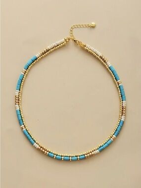 NWT Boho Beaded Layered NecklaceTurquoise 18K Plated 16" Choker Festival Indie